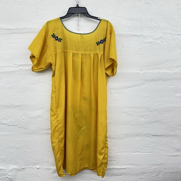 Embroidered Tunic Dress Floral Colorful Mexican  Boho Hippie Yellow‎ Medium - Picture 5 of 5